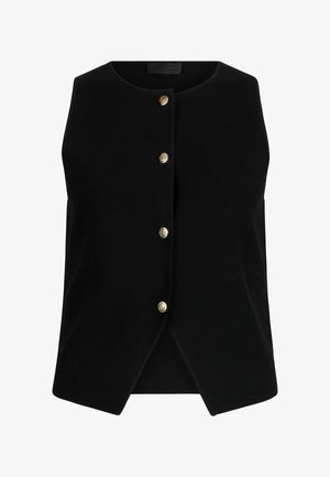 Czarna bezrękawnik z okrągłym dekoltem, złotymi guzikami i gładką fakturą oraz ukośnym krojem.