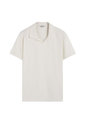 Licht beige short-sleeve polo met een puntkraag, voorzien van een gestructureerde stof en een losse pasvorm, zonder zichtbare logo's of patronen.