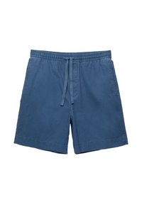 Shorts en coton bleu avec une taille élastique et un cordon de serrage. Coupe droite avec coutures latérales, pas de poches visibles, et texture lisse.
