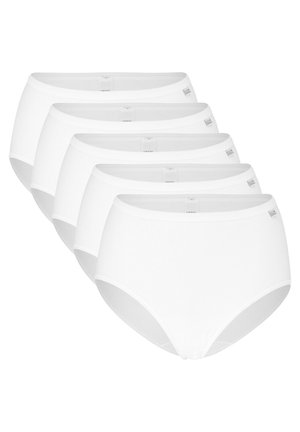 Five pairs of white cotton brief underwear with a smooth texture, high waist design, and no visible patterns or accents.