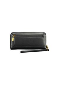 Portafoglio in pelle nera con una superficie liscia, chiusura con zip e un cinturino da polso removibile. Presenta un tirazip in tono oro e cuciture decorative.