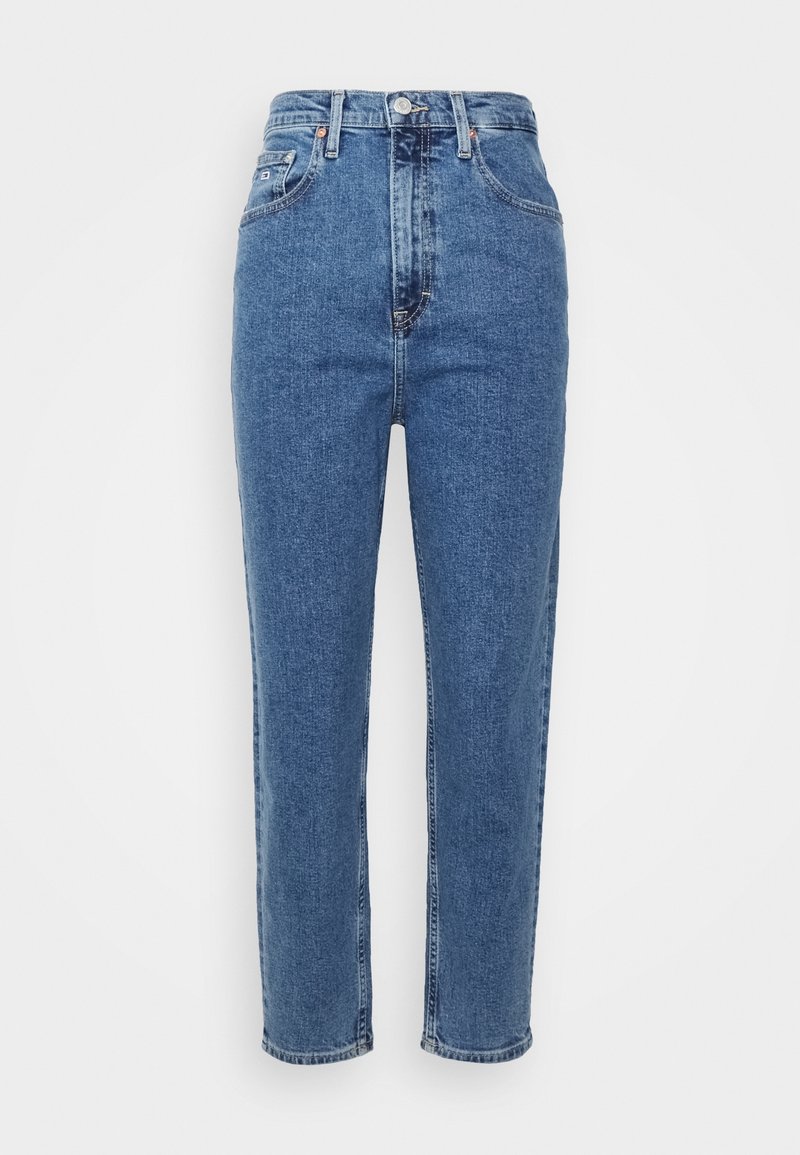 Jean bleu taille haute en denim, avec une coupe droite, des poches avant et des détails de couture classiques.