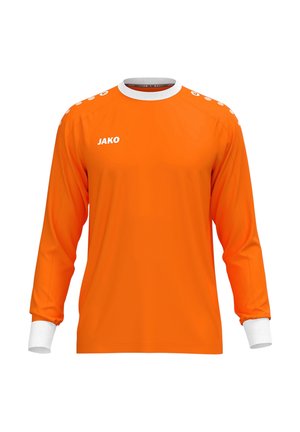 Oranje sportshirt met lange mouwen, witte manchetten en kraag, witte merknaam "JAKO" op de borst en witte ronde logo's op de schouders.