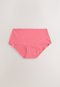 Plain pink high-waisted women's cotton underwear laid flat on a light surface.