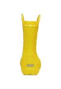Bright yellow rubber rain boot with dual pull tabs and textured heel featuring a reflective brand logo.