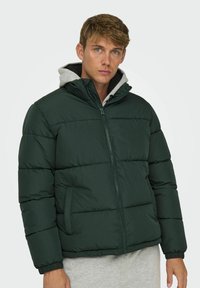Dark green puffer jacket with a zip front, angled pockets, and a hood. It features a grey-lined interior and ribbed cuffs for fit.