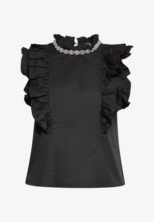 Musthave ilma varrukatega must topp, millel on suured rihmad õlgadel ja kõrge kaelus. Kaunistatud dekoratiivse kristallkraega.