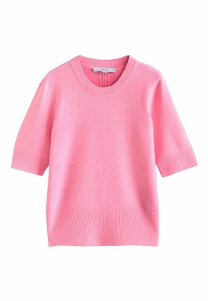 Maglione rosa a maniche corte con scollo tondo. Realizzato in materiale morbido, con polsini e orlo a coste. Design semplice e squadrato.