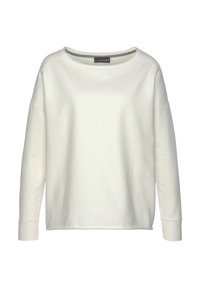 Weißes Langarm-Sweatshirt mit weitem Ausschnitt und überschnittenen Schultern. Weicher Stoff mit glatter Textur und minimaler Gestaltung.