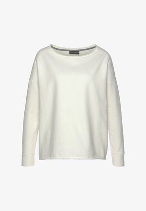Weißes Langarm-Sweatshirt mit weitem Ausschnitt und überschnittenen Schultern. Weicher Stoff mit glatter Textur und minimaler Gestaltung.