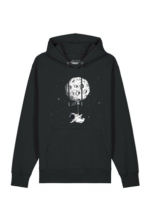 Black hoodie with a white astronaut holding a string tied to a cartoon moon, surrounded by small stars above a front pouch pocket.
