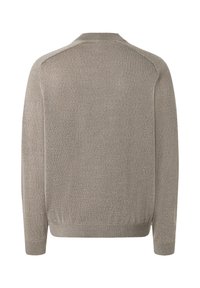 Hellgrauer gestrickter Pullover mit langen Ärmeln, gerippten Bündchen und Saum sowie einem einfachen, nahtlosen Design. Vielseitige und glatte Textur.