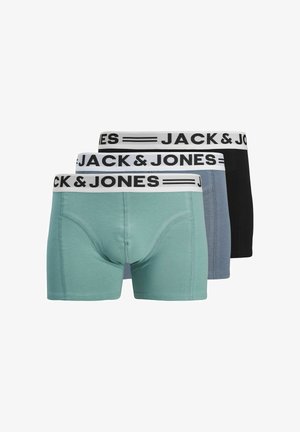 Boxer aderenti in verde, grigio e nero. Tessuto morbido con elastico a contrasto in vita con la scritta "JACK & JONES" in lettere nere.