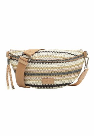 Woven striped waist bag in beige, cream, gold, and gray with tan adjustable strap and zipper closure, featuring a small branded leather patch.