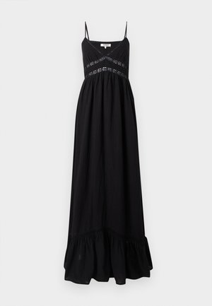 Svart maxikjole med tynne justerbare stropper, med en tettsittende liv, broderte detaljer i midjen og en utsvingt volangkant.