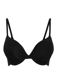 Schwarzer Bügel-BH mit geformten Körbchen und verstellbaren dünnen Schulterträgern auf weißem Hintergrund.