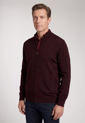 Mann, der einen dunkelbordofarbenen Zip-up-Pullover über einem kastanienbraunen Hemd mit Kragen und dunkelblauen Jeans trägt, steht vor einem schlichten hellen Hintergrund.