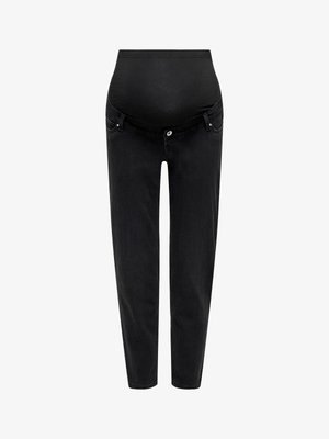 Maternity jeans in black denim with a stretchy over-the-bump waistband, tapered legs, and two front pockets. Smooth texture, classic design.