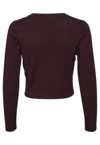 Maglione corto a maniche lunghe in borgogna realizzato in morbido materiale a maglia, con scollatura rotonda e polsini aderenti. Texture liscia senza motivi visibili.