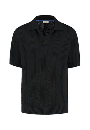 Must mustaga polo särk lühikeste varrukatega ja V-kaelusega, tekstuurse kudumisega, ribidega mansettide ja äärega, millel on krae juures diskreetne brändimärgis.