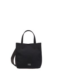 Zwarte canvas schoudertas met twee bovenhandvatten en een afneembare schouderband. Heeft zichtbare stiksels en een logo aan de onderkant. Eenvoudig, gestructureerd ontwerp.