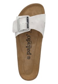 Sandale à glissière en daim blanc avec une large sangle et une boucle en argent, dotée d'un matelas de foot coussiné marron et d'une impression de logo.
