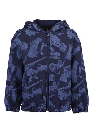 Marineblauer Kapuzenpullover mit Reißverschluss, Kapuze, elastischen Bündchen und Saum, gemustert mit hellblauen Baumaschinen wie Kräne, Betonmischer und Muldenkipper.