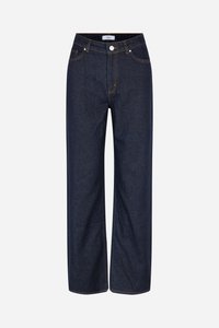 Dunkelblaue Weitbeine-Jeans aus Denim mit großen Taschen, kontrastierenden orangen Nähten und einem Knopfverschluss an der Taille.
