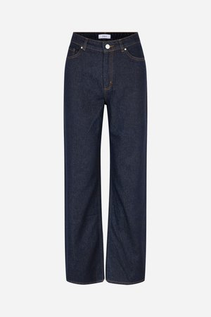 Dark blue wide-leg jeans made of denim, featuring large pockets, contrasting orange stitching, and a button closure at the waist.