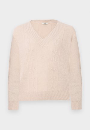 Light beige knit sweater with V-neck, ribbed cuffs and hem, featuring subtle vertical floral cable knit patterns on front.