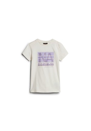 Kremowy t-shirt z krótkim rękawem, z fioletowym kwadratowym wzorem oraz logo Napapijri na piersi.