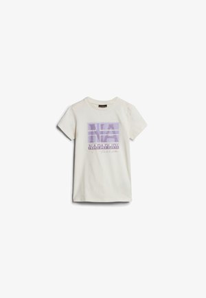 Kremfarvet T-shirt med korte ærmer med lilla firkantet design og Napapijri-logo på brystet.