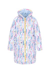 Vatteret frakke med hætte, der har en lyseblå baggrund og et farverigt gentaget hjerte mønster i pink, gul og marineblå. Lynlås foran og lommer.
