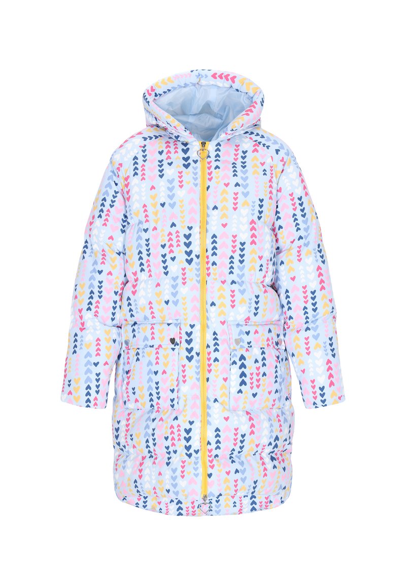 Vatteret frakke med hætte, der har en lyseblå baggrund og et farverigt gentaget hjerte mønster i pink, gul og marineblå. Lynlås foran og lommer.