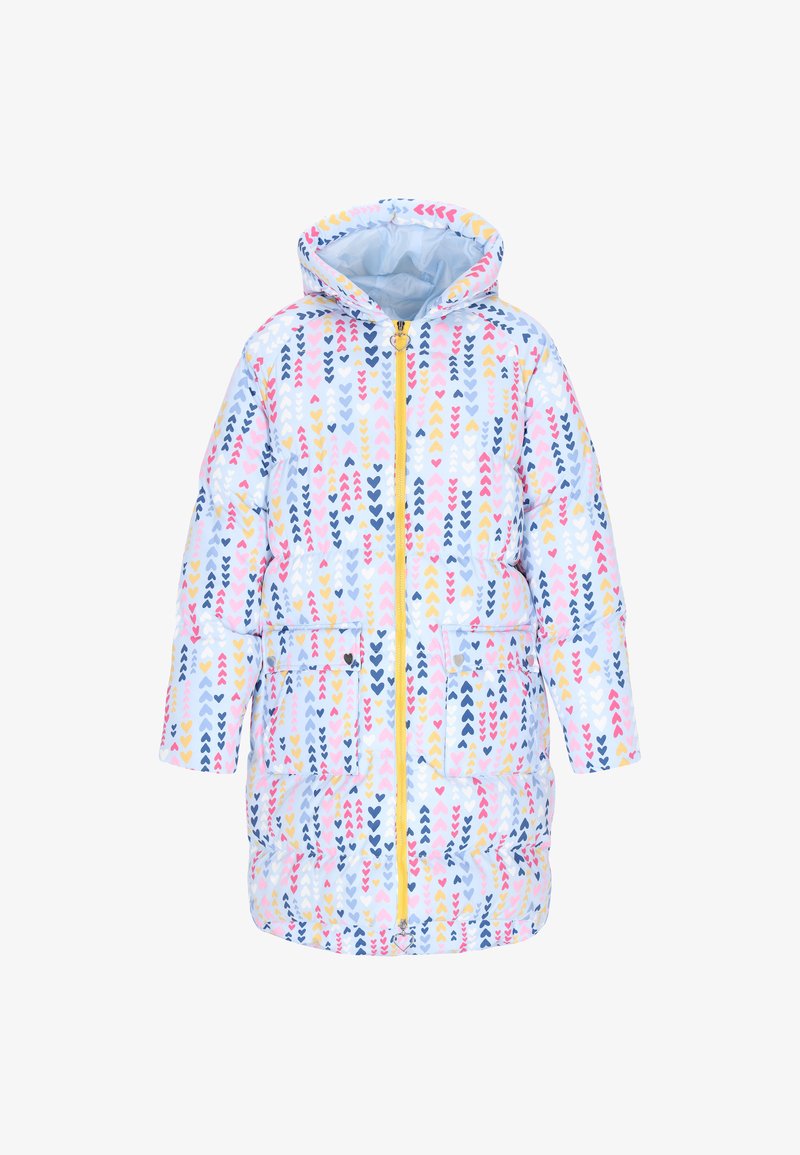 Vatteret frakke med hætte, der har en lyseblå baggrund og et farverigt gentaget hjerte mønster i pink, gul og marineblå. Lynlås foran og lommer.