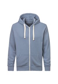 Hellesblauer Reißverschluss-Hoodie mit Kapuze, cremefarbenen Kordeln und zwei Vordertaschen; aus weichem Stoff mit glatter Textur gefertigt.