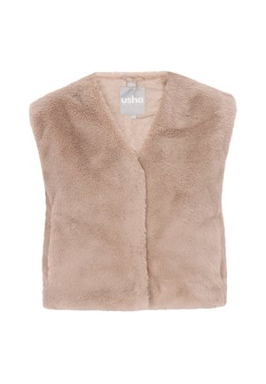 Beige Weste aus Kunstfell ohne Ärmel mit weicher Textur, V-Ausschnitt und ohne Verschlüsse. Futter mit sichtbarem Markenetikett am Hals.