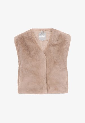 Beige faux fur uden ærmer med blød tekstur, v-hals design og uden lukninger. Fodret indvendig med synlig mærke ved halsen.