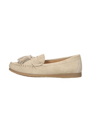 Beige suede moccasin flat shoe with tassels on upper, stitched detailing at toe, and a low rubber sole.