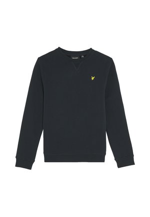 Sweat-shirt noir à manches longues avec col rond, petit logo oiseau jaune sur la poitrine gauche, avec poignets et ourlet côtelés.