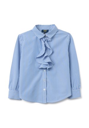 Gestreiftes Hemd in Blau und Weiß mit Rüschendetail an der Vorderseite, Knopfverschluss und langen Puffärmeln. Hergestellt aus einem glatten, leichten Stoff.