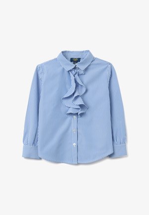 Camicia a righe blu e bianche con dettaglio arricciato sulla parte anteriore, chiusura con bottoni e maniche lunghe a sbuffo. Realizzata in un tessuto leggero e liscio.