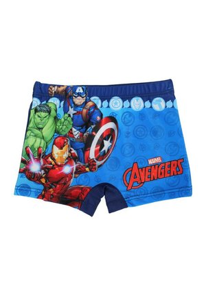 Shorts de bain bleus avec des personnages des Marvel Avengers : Captain America, Iron Man et Hulk. Le matériau est lisse avec un motif de couleur vif.