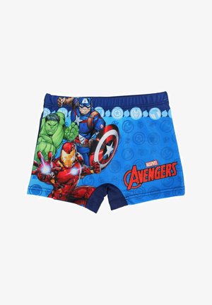 Shorts de bain bleus avec des personnages des Marvel Avengers : Captain America, Iron Man et Hulk. Le matériau est lisse avec un motif de couleur vif.
