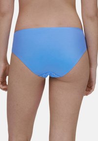 Blue bikini bottom with a smooth texture, featuring a low-rise cut and lace detailing at the back. Simple, seamless design.