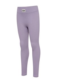 Lila geribde leggings van rekbare stof. Heeft een brede tailleband en taps toe lopende benen, geschikt voor casual en sportieve kleding.