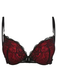Roter Balconette-BH aus Spitze mit schwarzem Rand, floralen Mustern, Bügelunterstützung, verstellbaren Trägern und einem dekorativen Frontverschluss mit drei Nieten.