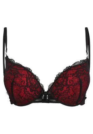 Soutien-gorge balconnet en dentelle rouge avec bordures noires, motif floral, soutien sous-vêtement, bretelles ajustables et un fermoir décoratif à l'avant avec trois clous.