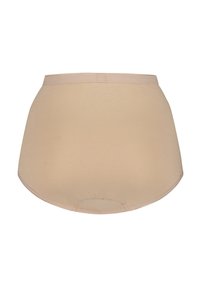 Beige hooggeknipte onderbroek van soepel, rekbaar materiaal. Heeft een naadloos ontwerp en een elastische tailleband, geschikt voor dagelijks gebruik.