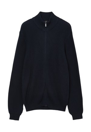 Maglione blu navy a costine con colletto alto e chiusura con zip frontale. Maniche lunghe e polsini aderenti, caratterizzato da un tessuto lavorato a maglia texturizzato.
